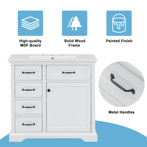 English Elm 36-Inch Modern Bathroom Vanity with Ceramic Basin, 4 Drawers & Soft-Close Door, Pre-Drilled Faucet Ready, Durable MDF and Solid Wood Construction (36"L x 18.3"W x 33.4"H) White N725P296118K
