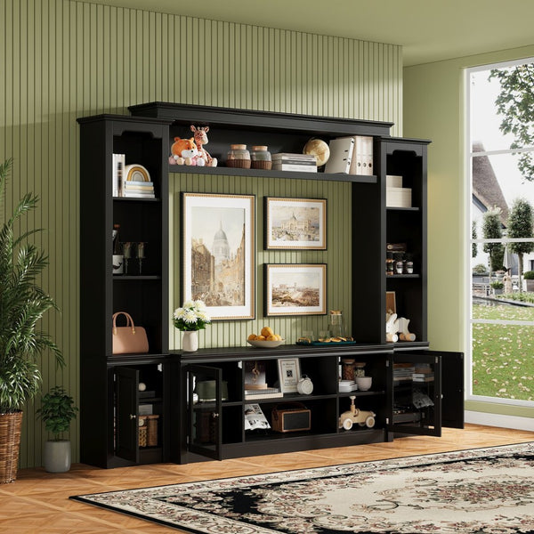 English Elm Entertainment Wall Unit with Glass Doors Open Shelving Mdf Living Room Storage Black N710S688102B