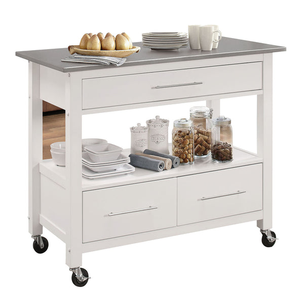 English Elm Stainless Steel Top & White Utility Cart with 3 Drawers, Open Shelf, Locking Casters, Mobile Workspace B062P209304