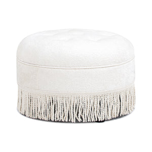 English Elm Jennifer Taylor Home - Yolanda 24" Round Upholstered Ottoman in Almond White Chenille — Handcrafted, Tassel Fringe, Versatile Seat B2719P280167