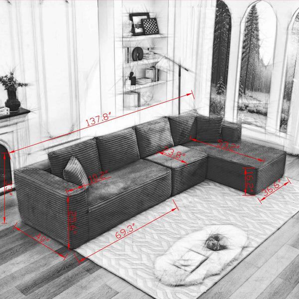 English Elm 106" Cloud Sectional Couch - Modular L-Shape With Right-Facing Chaise, Plush Corduroy, No Assembly! W1143S00022