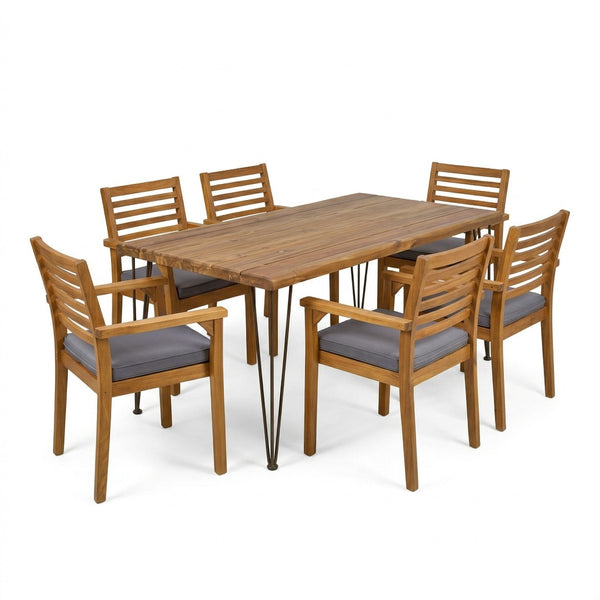 English Elm 7 Piece Acacia Wood Outdoor Dining Set with Iron Hairpin Legs and Wicker Chairs N762S000041AAA