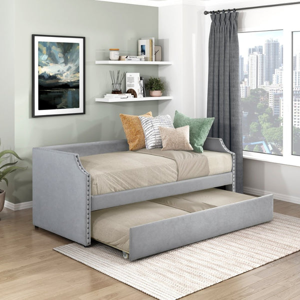 English Elm Modern Upholstered Daybed with Pull Out Trundle Nailhead Trim Twin Guest Room Piece Light Gray B011P256303