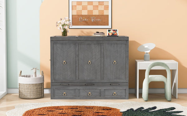 English Elm Queen Murphy Wall Bed with Pull Out Storage Drawer and Built in Usb Charging Gray LP000428AAE