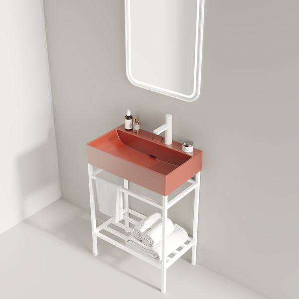 English Elm LOFI Ceramic Integrated Bathroom Vanity 24" with Rectangular Basin, Open Metal Shelf, Easy Clean White+Red W2615S00053