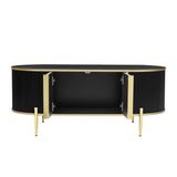 English Elm Modern Luxury Oval Shaped Fluted Coffee Table, Marble-Patterned Top Coffee Table With 2 Cabinets, Metal Legs and Handles For Living Room, Black (Date Of Expected Arrival: 11.20)