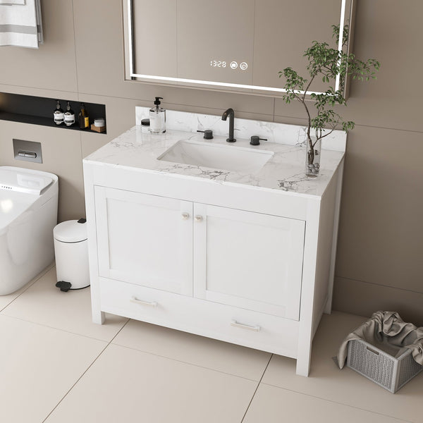 English Elm Modern 43" Bathroom Vanity With Carrara White Top, Soft-Close Drawer & Durable Mdf Cabinet Design W509S00139