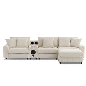 English Elm 114*64'' Corduroy Cloud Sectional with Bluetooth Speakers Usb Charging Ottoman Lounge Sofa N723S9756A