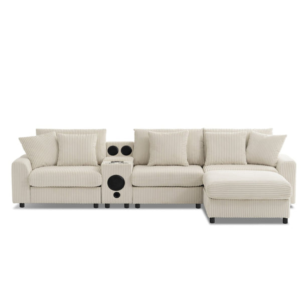 English Elm 114*64'' Corduroy Cloud Sectional with Bluetooth Speakers Usb Charging Ottoman Lounge Sofa N723S9756A