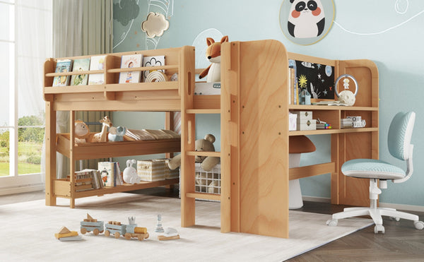 English Elm Twin Low Loft Bed Solid Pine Frame Kids Study Desk Blackboard Storage White W1580S00571