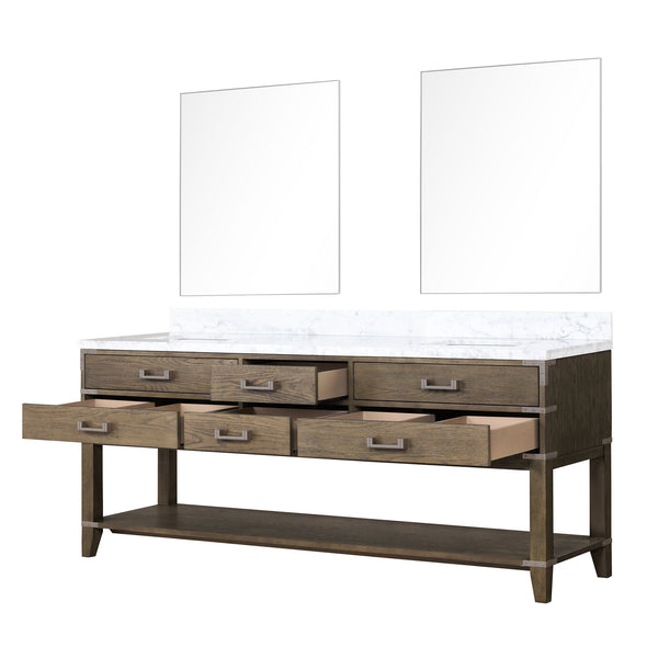 English Elm Grey Oak Double Bath Vanity With Carrara Marble Top & Mirrors - Elegant Storage Solution For Your Bath B2731S01655