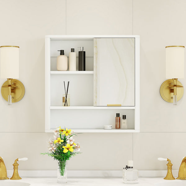 English Elm Modern Wall Mounted Mirrored Medicine Cabinet with Open Shelves Gold Hardware Bath W3875P379308