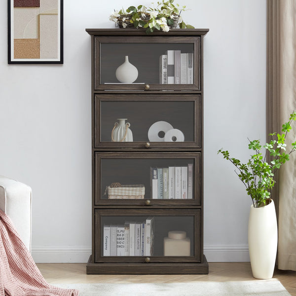 English Elm Glass 4-Tier Display Cabinet with Tempered Glass Doors, Flip-Up Access, Aluminum Frame, Elegant Chic Storage for Collectibles and Books Brown W2275P206601
