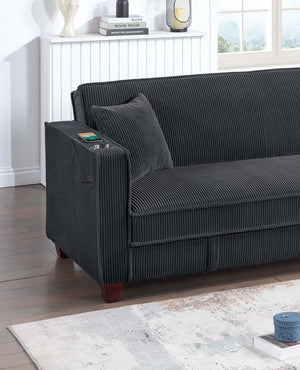 English Elm 1pc Corduroy Convertible Sofa with Storage Base Usb Port Cup Holders Wood Legs Black B011P430418