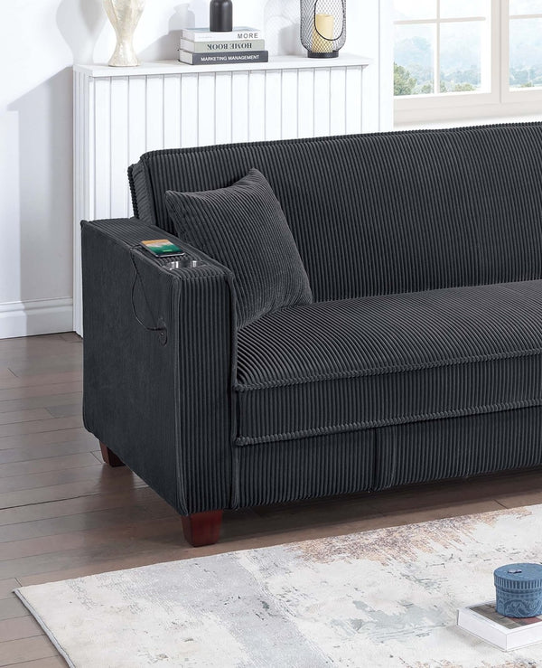 English Elm 1pc Corduroy Convertible Sofa with Storage Base Usb Port Cup Holders Wood Legs Black B011P430418