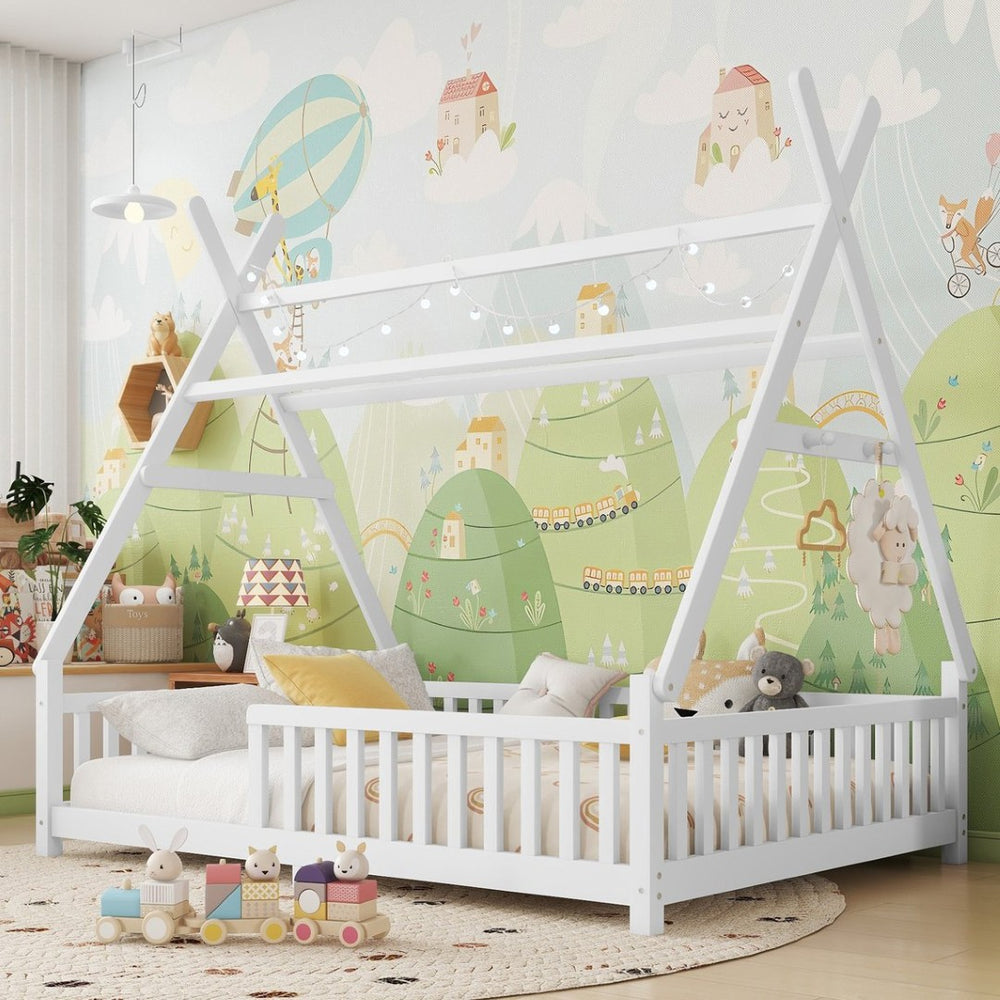 English Elm Twin Montessori Floor Bed House Frame with Led Lighting and Safety Rails for Kids White W2593P440589