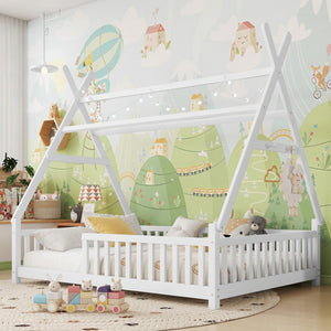 English Elm Twin Montessori Floor Bed House Frame with Led Lighting and Safety Rails for Kids White W2593P440589