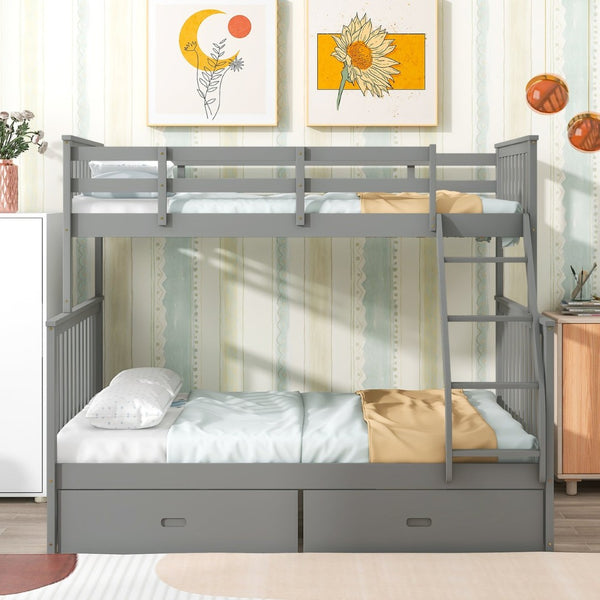English Elm Twin Over Full Bunk Bed With Storage Drawers – Stylish Gray Wooden Bed With Safety Rails & Ladder K495S00001-GIGA