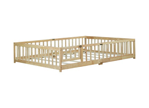 English Elm Queen Rubberwood Floor Bed with Perimeter Fence and Latch Door for Toddler Safety W504P370525