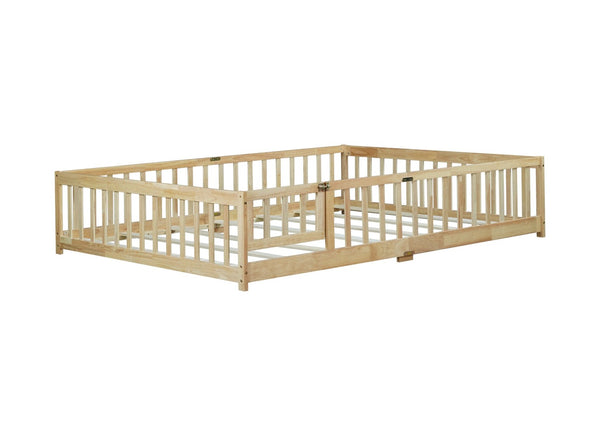 English Elm Queen Rubberwood Floor Bed with Perimeter Fence and Latch Door for Toddler Safety W504P370525