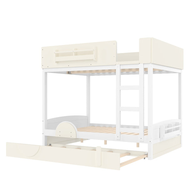 English Elm Full Bunk Bed with Trundle Bookshelf Storage Pine Frame Car Design for Kids Beige+White W1580S00444
