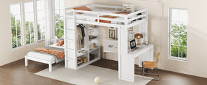 English Elm Full Solid Wood Loft Bed with Removable Lower Bed, Built-In Desk, Shelves & Wardrobe for Space-Saving Designs White W1580S00211
