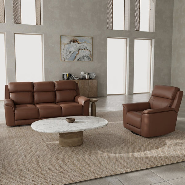 English Elm Oslo Genuine Leather Power Reclining Sofa Set with Usb Charging and Swivel Glider Pecan B339S00005