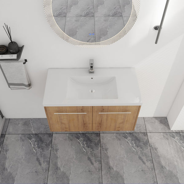 English Elm 36 Inch Floating Bathroom Vanity with Resin Sink, Soft-Close Doors, KD Pack, Modern Storage Design W999P188200