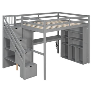 English Elm Full Loft Bed with Integrated Wardrobe Desk Shelving and Led Lighting for Teen Rooms Grey LT000927AAE