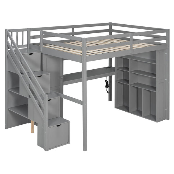 English Elm Full Loft Bed with Integrated Wardrobe Desk Shelving and Led Lighting for Teen Rooms Grey LT000927AAE