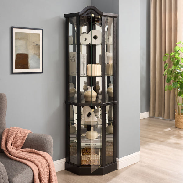 English Elm Lighted Corner Curio Cabinet With Adjustable Shelves, Elegant Black Design, Perfect For Home Display W1758P300126