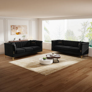 English Elm FX-P82-2PC Velvet Sofa Set of 2 — Plush Tufted 3-Seater Couches with Gold Metal Legs for Stylish Homes Black W576S00241