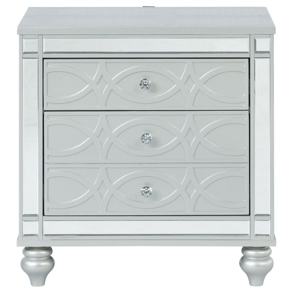 English Elm Menlo Silver Metallic 2-Drawer Nightstand with Mirrored Trim, Crystal Knobs, Felt Lined Drawer & USB Ports B062P378587