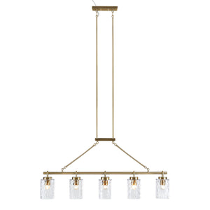 English Elm 5-light Modern Linear Chandelier with Textured Glass Shades, 45"W Iron Frame, Adjustable 54" Rod, Warm Ambient Lighting B035P280529