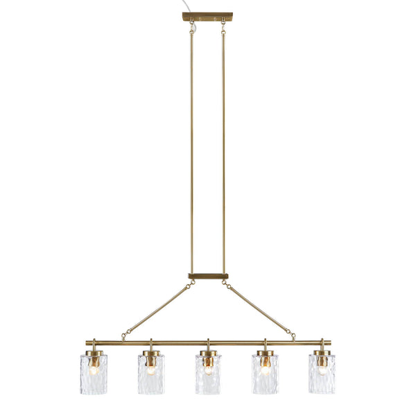 English Elm 5-light Modern Linear Chandelier with Textured Glass Shades, 45"W Iron Frame, Adjustable 54" Rod, Warm Ambient Lighting B035P280529