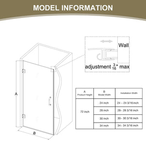 English Elm 28" Frameless Pivot Shower Door Tempered Glass Matte Black Hinged Spa Bath W637P348845
