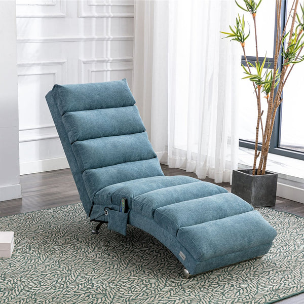 English Elm Linen Ergonomic Massage Chaise Lounge with Remote Control, 140° Recline, Foam Cushion Comfort and Sturdy Frame Blue W39539624