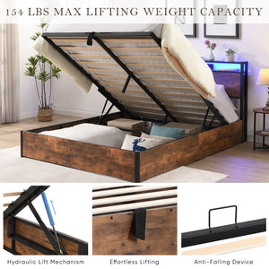 English Elm Lift-Up Storage Bed Frame: Full-Sized Platform Bed With Led Lights, Charging Station & Rustic Brown Finish W1916P184709