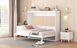 English Elm Full Size Murphy Wall Bed with Cabinet Dual Piston Folding Mechanism for Studio Spaces White LP000664AAK-2