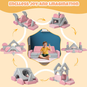 English Elm 15pcs Modular Toddler Play Couch Set Velvet Foam Fort Building Playroom Seating Pink+Grey T5880P493414