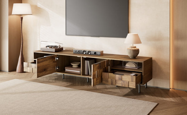 English Elm Mid Century Modern Tv Stand 79 Inch Wood Tone Console with Drawers for Living Room N710P401530P