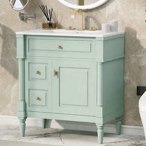 English Elm 30" Freestanding Bathroom Vanity Rubberwood Frame Ceramic Sink Flip Drawer Storage Green N725P356062F