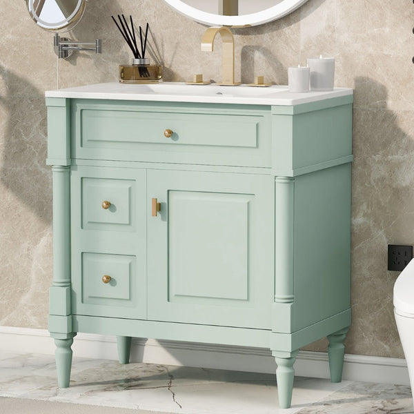 English Elm 30" Freestanding Bathroom Vanity Rubberwood Frame Ceramic Sink Flip Drawer Storage Green N725P356062F