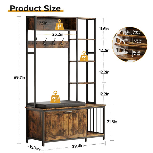 English Elm Hall Tree Entryway Organizer with Cushioned Bench Shoe Cabinet and Coat Hooks Brown+Black T5618P448217