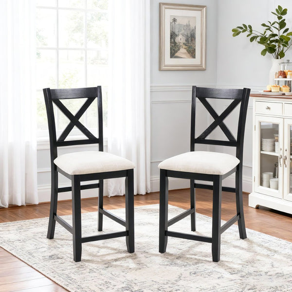 English Elm Dining Chairs Set of 4 Solid Rubberwood Counter Height with Padded Linen Seat W1998P336529