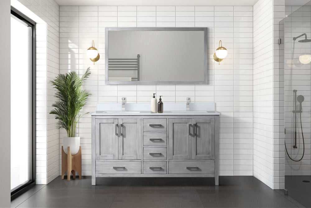 English Elm Distressed Grey Double Bath Vanity 60 in with White Quartz Countertop, Soft-Close Drawers, Faucet Set B2731P259084