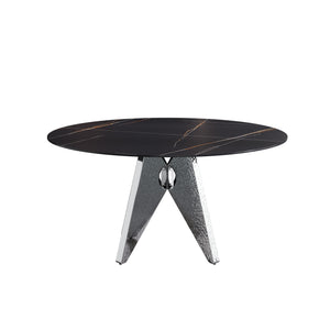 English Elm 59.05" Round Marble Dining Table - Stylish Silver Stainless Steel Base For 6-8 People, Durable Design W1535S00391