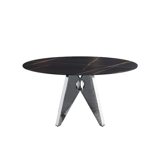 English Elm 59.05" Round Marble Dining Table - Stylish Silver Stainless Steel Base For 6-8 People, Durable Design W1535S00391