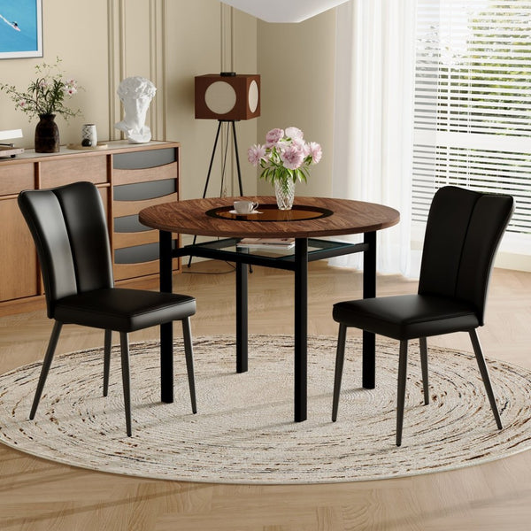 English Elm Table Set Round 42 Inch Wood Grain Mdf Dining with Glass Inset and Two Pu Chairs W1151S04494