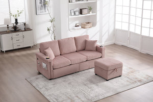 English Elm UNITED Corduroy L-Shaped Sectional Sofa with Storage Ottoman, USB Ports, Cup Holders & LED Lighting Pink W1568P332401